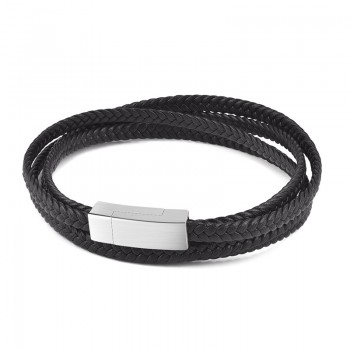 Jiayiqi Fashion Black Genuine Leather Bracelet Black Stainless Steel Clasp Multi Layer Braid Rope Chain Wristband Vintage Gifts