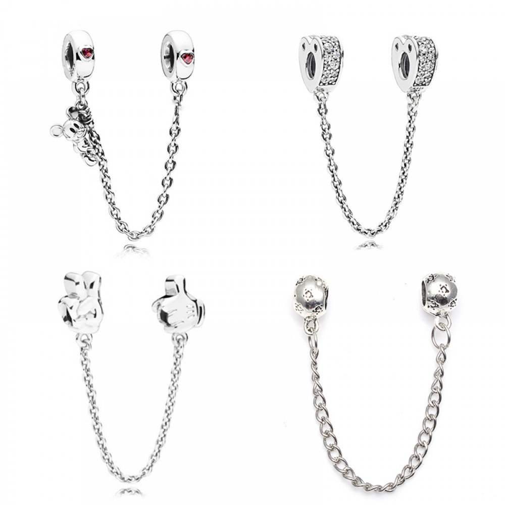 TOGORY 2018 Authentic Silver Color Cute Mickey Clear CZ Safety Chain Charm Beads Fit Original Fine Bracelet Bangle Jewelry