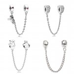 TOGORY 2018 Authentic Silver Color Cute Mickey Clear CZ Safety Chain Charm Beads Fit Original Fine Bracelet Bangle Jewelry