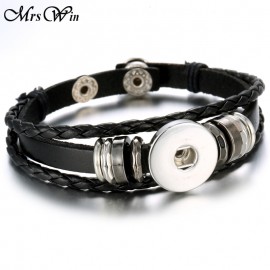 Hot Sale Snap Button Bracelet Bangle Snap Leather Bracelet Retro Handmade Braided Leather Bracelet fit 18MM Snap buttons jewelry