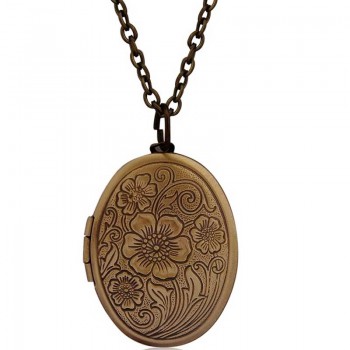 Vintage Antique Bronze Floral Patterns Carved Oval Locket Picture Memento Necklace Mothers Day Gift Put Photos Box