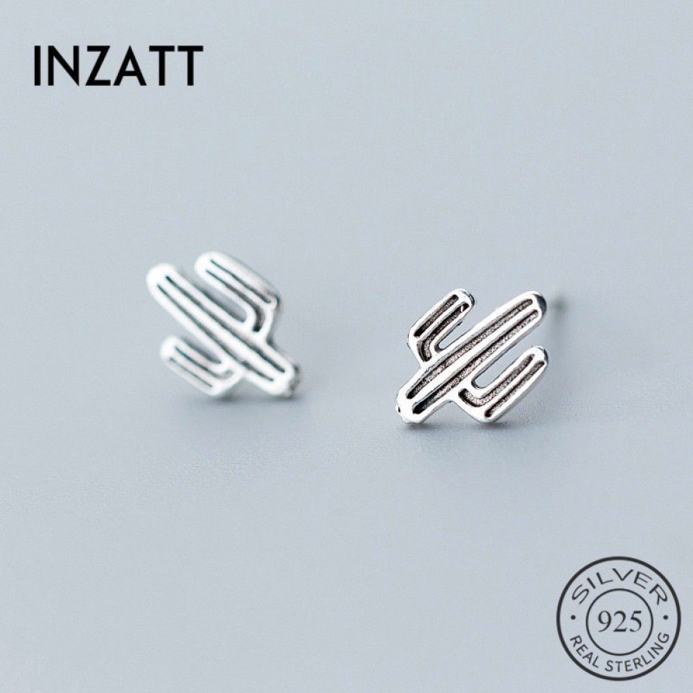 INZATT  Vintage Punk Cactus Shape  Prevent Allergy Real 925 Sterling Silver Unisex Trendy Fine Jewelry Accessories For Party