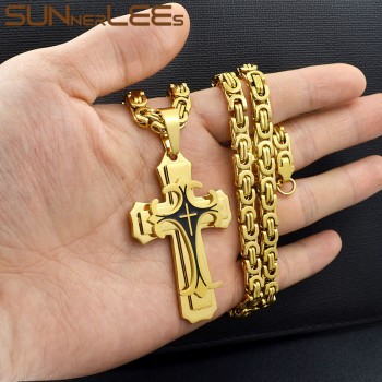 SUNNERLEES Stainless Steel Jesus Christ Cross Pendant Necklace Byzantine Link Chain Gold Color For Men SP208
