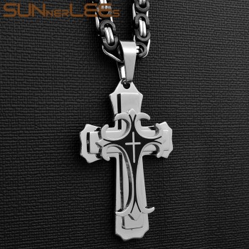 SUNNERLEES Stainless Steel Jesus Christ Cross Pendant Necklace Byzantine Link Chain Gold Color For Men SP208