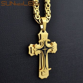 SUNNERLEES Stainless Steel Jesus Christ Cross Pendant Necklace Byzantine Link Chain Gold Color For Men SP208