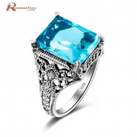 Unique Charm Vintage Lab Aquamarine Ring Bague Pure joyas de plata Wedding Real 925 Sterling Silver Rings Luxury Brand Jewelry