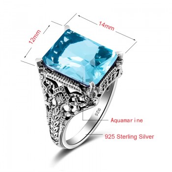 Unique Charm Vintage Lab Aquamarine Ring Bague Pure joyas de plata Wedding Real 925 Sterling Silver Rings Luxury Brand Jewelry