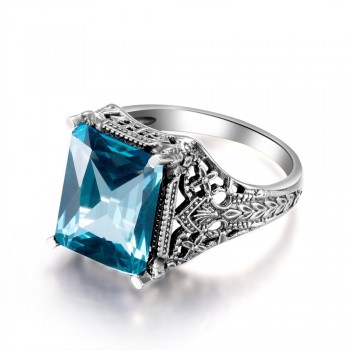 Unique Charm Vintage Lab Aquamarine Ring Bague Pure joyas de plata Wedding Real 925 Sterling Silver Rings Luxury Brand Jewelry