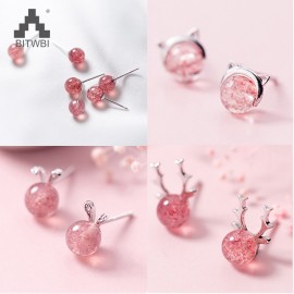100% 925 Real Sterling Silver 2018 Women Fashion Cute Pink Strawberry Crystal Cat Elk Rabbit Stud Earrings For Women Gifts