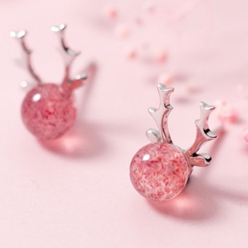 100% 925 Real Sterling Silver 2018 Women Fashion Cute Pink Strawberry Crystal Cat Elk Rabbit Stud Earrings For Women Gifts