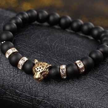 Hot Sale Natural Matte Black Volcano Lava Stone Bracelet Leopard Lion Head Zircon Bracelets for Men