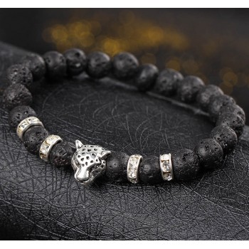 Hot Sale Natural Matte Black Volcano Lava Stone Bracelet Leopard Lion Head Zircon Bracelets for Men