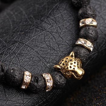Hot Sale Natural Matte Black Volcano Lava Stone Bracelet Leopard Lion Head Zircon Bracelets for Men