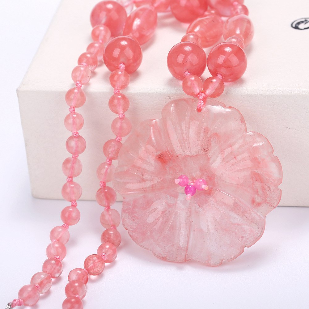 5*5cm Natural Rose Quartz New Jade Flowers And Leaves Peridot Jade Clasp Handmade Knitted Necklace Women Jewelry 48cm Bead Chain