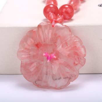 5*5cm Natural Rose Quartz New Jade Flowers And Leaves Peridot Jade Clasp Handmade Knitted Necklace Women Jewelry 48cm Bead Chain