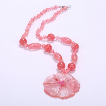 5*5cm Natural Rose Quartz New Jade Flowers And Leaves Peridot Jade Clasp Handmade Knitted Necklace Women Jewelry 48cm Bead Chain