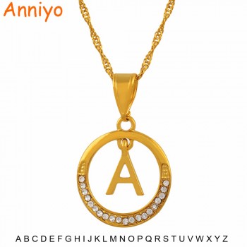 Anniyo 26 Letters Necklaces Gold Color Initial Pendant Chain With Stone for Women Girls English Letter Jewelry Alphabet #130106