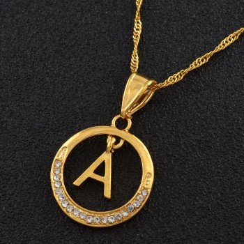 Anniyo 26 Letters Necklaces Gold Color Initial Pendant Chain With Stone for Women Girls English Letter Jewelry Alphabet #130106
