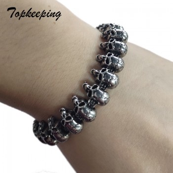 Topkeeping Punk Long Skull Bracelets For Men Stainless Steel Shiny Skull Charm Link Chain Bracelets Male Gothic Jewelry 2018
