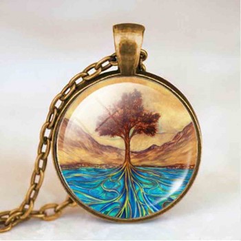 Living life Tree Cabochon Mens charm Fashion Necklace chakra Pendant Choker steampunk Jewelry Gift women glass chain antique