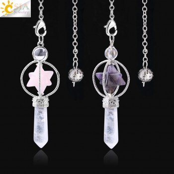 CSJA Merkaba Dowsing Pendulum Natural Stone Purple Crystal Pink Quartz Reiki Healing Pendule Pendants for Women Men Jewelry F770