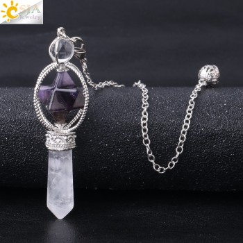CSJA Merkaba Dowsing Pendulum Natural Stone Purple Crystal Pink Quartz Reiki Healing Pendule Pendants for Women Men Jewelry F770