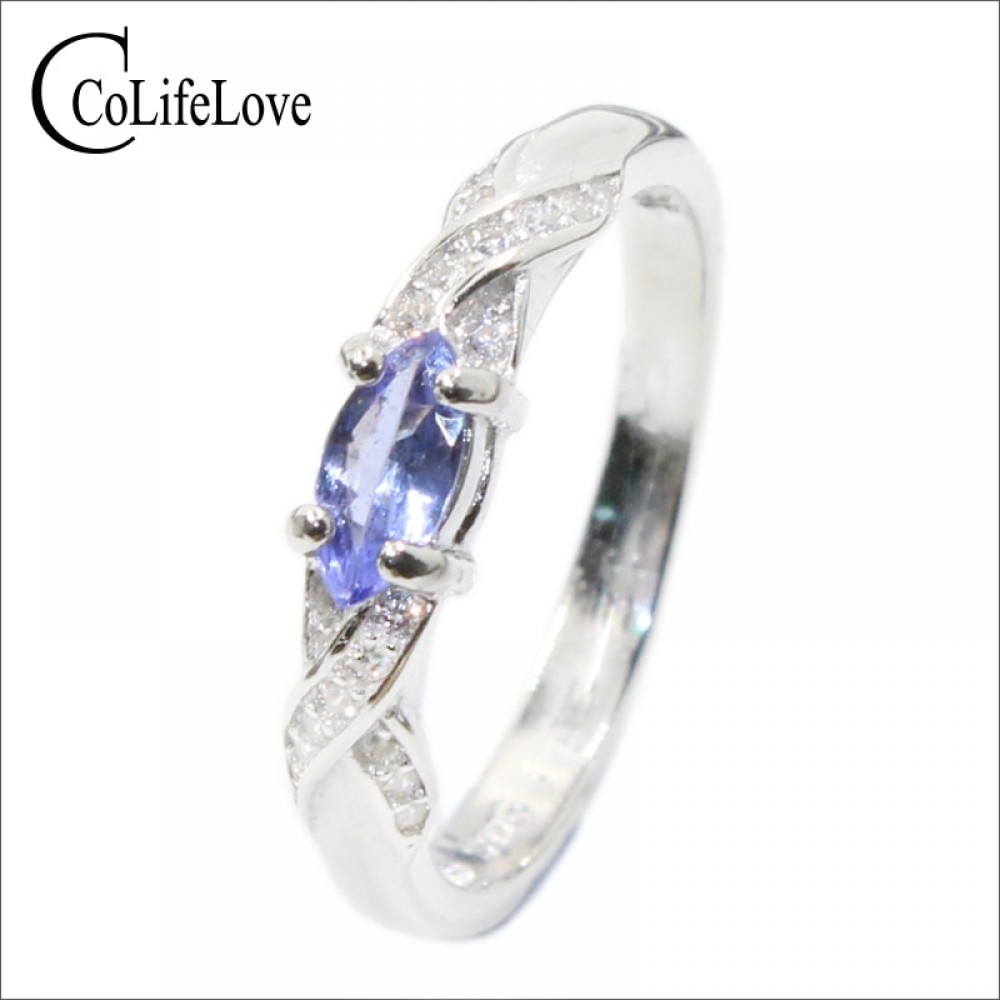 Fashion tanzanite silver ring 3 mm * 6 mm natural VS tanzanite ring for girl solid 925 silver tanzanite engagement ring for lady