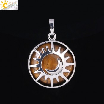 CSJA Sun amp; Moon Pendant Reiki Healing Natural Stone Purple White Crystal Quartz Beads for Jewelry Making Necklace Women Men F336