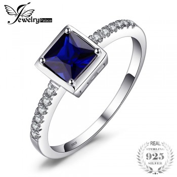 JewelryPalace Square 0.9ct Created Blue Sapphire Solitaire Ring 925 Sterling Silver Ring For Women New Vintage Jewelry