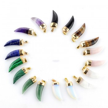 Natural Stone Pendant Rose Crystal Pink Quartz Agata Lapis Lazuli Opal Moonstone DIY Horn Stone Pendants 13*40mm