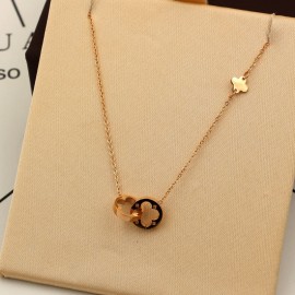 Women Jewelry Two Circle Double Buckle Necklace Hollow Clover Pendant Necklace Female Stainless Steel Gold Clavicle K0024