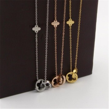 Women Jewelry Two Circle Double Buckle Necklace Hollow Clover Pendant Necklace Female Stainless Steel Gold Clavicle K0024