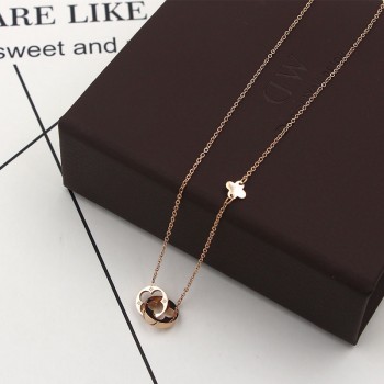 Women Jewelry Two Circle Double Buckle Necklace Hollow Clover Pendant Necklace Female Stainless Steel Gold Clavicle K0024