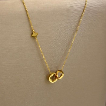 Women Jewelry Two Circle Double Buckle Necklace Hollow Clover Pendant Necklace Female Stainless Steel Gold Clavicle K0024