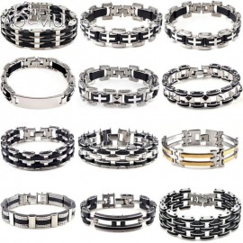 AOMU Men Silver Stainless Steel Link Chain Bracelets amp; Bangles Mens Cuff  Wristband Biker Motorcycle Black Silicone Bracelet