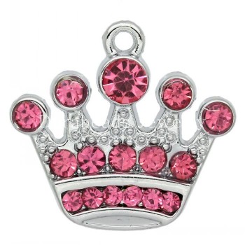 Doreen Box hot- Charm Pendants Crown Silver Tone W/Pink Rhinestone 20x21mm,5PCs (B29101)