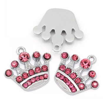 Doreen Box hot- Charm Pendants Crown Silver Tone W/Pink Rhinestone 20x21mm,5PCs (B29101)