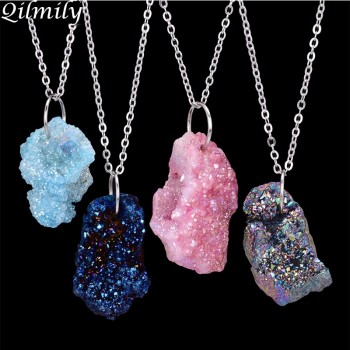 Irregular Natural Stone Quartz Crystal Pendants Necklaces for Women Drusy Druzy Silver Color Chain Statement Necklace Jewelry