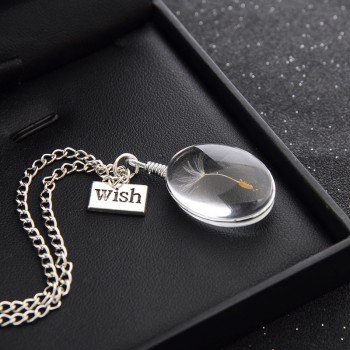 Natural Dandelion Seed Specimen Glass Adhesive Sheet and Wish Tag Pendant Necklace Charm Women Oval Time Gem Necklace