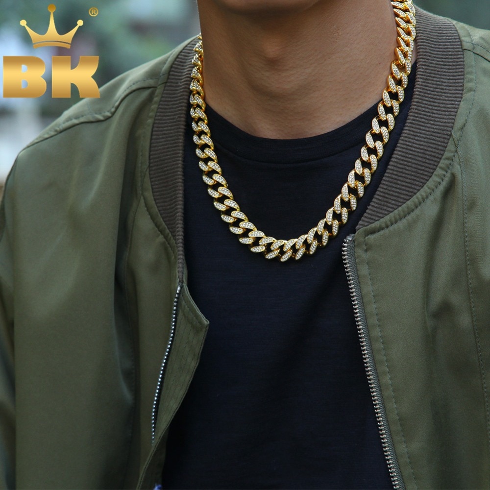 THE BLING KING Miami Cuban Link Chain Necklace 13mm Full Bling Bling Iced Out Rhinestones Gold Color Fashion Jewelry Necklace