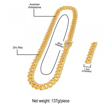 THE BLING KING Miami Cuban Link Chain Necklace 13mm Full Bling Bling Iced Out Rhinestones Gold Color Fashion Jewelry Necklace