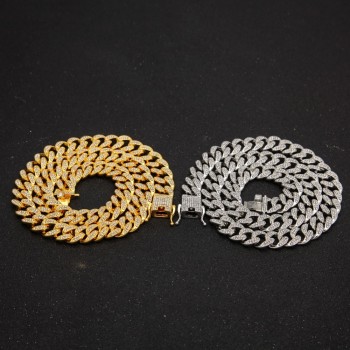 THE BLING KING Miami Cuban Link Chain Necklace 13mm Full Bling Bling Iced Out Rhinestones Gold Color Fashion Jewelry Necklace