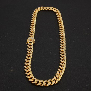 THE BLING KING Miami Cuban Link Chain Necklace 13mm Full Bling Bling Iced Out Rhinestones Gold Color Fashion Jewelry Necklace