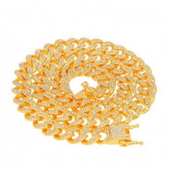 THE BLING KING Miami Cuban Link Chain Necklace 13mm Full Bling Bling Iced Out Rhinestones Gold Color Fashion Jewelry Necklace
