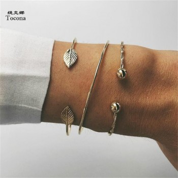 Tocona 3PCS/Set Opening Leaf Twist Cuff Bracelets Set Gold Alloy Adjustable Bracelet Bangle for Women Boho Jewelry 6128
