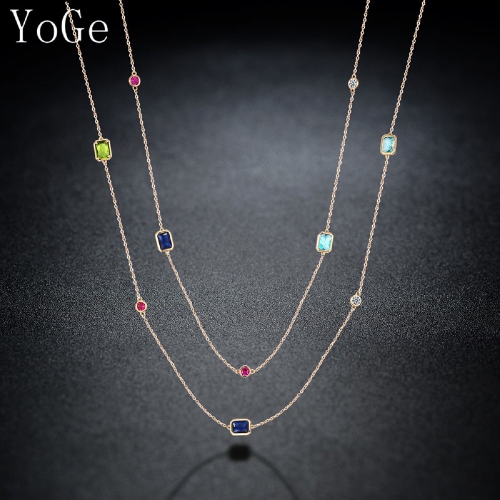 YoGe P1179Y Luxury multicolour crystal stones necklace,womens fashion colourful long sweater chain dress party accessories