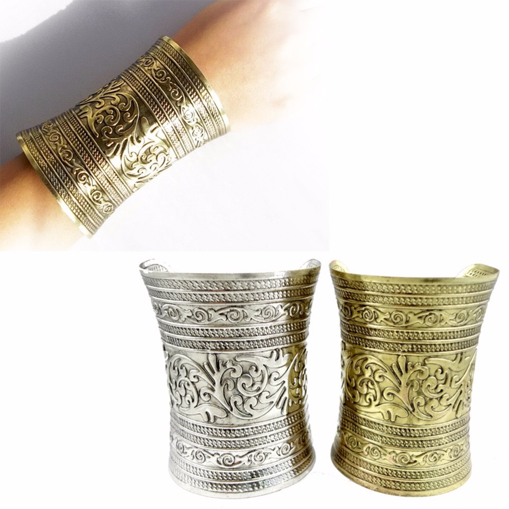 1Pcs Tribal Retro Silver Bronze Pulseira Carving Flower Wide Chain C Shape Indian Bangle Cuff Opened Vintage Tibetan Punk Style