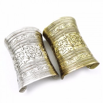 1Pcs Tribal Retro Silver Bronze Pulseira Carving Flower Wide Chain C Shape Indian Bangle Cuff Opened Vintage Tibetan Punk Style