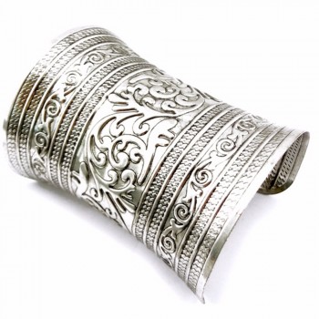 1Pcs Tribal Retro Silver Bronze Pulseira Carving Flower Wide Chain C Shape Indian Bangle Cuff Opened Vintage Tibetan Punk Style