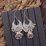 TopHanqi Gypsy Jewelry Indian Jhumka Long Small Bell Fringed Tassel Earrings Antique Ethnic Silver Alloy Drop Earrings For Women